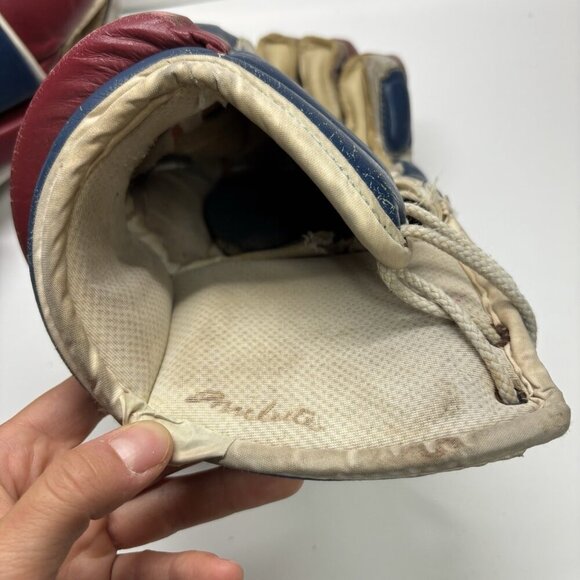 Vintage Leather Blue White Red Ferland 2200 Pro Hockey Player Gloves Habs NHL - Picture 7 of 11